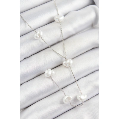 Pirinç İncili Kalp Figürlü Y Model Gümüş Renk Kadın Kolye - Lisinya