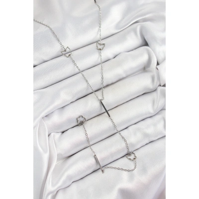 316L Çelik Kelebek Figürlü Y Model Gümüş Renk Kadın Kolye - Lisinya