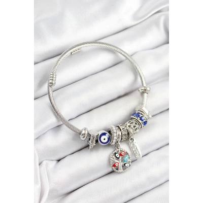 316L Çelik Lacivert Nazarlı Zirkon Taşlı İnci Detaylı Hayat Ağacı Model Gümüş Renk Charm Bileklik - Lisinya