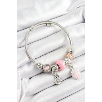 316L Çelik Pembe İstiridye Model Gümüş Renk Charm Bileklik - Lisinya