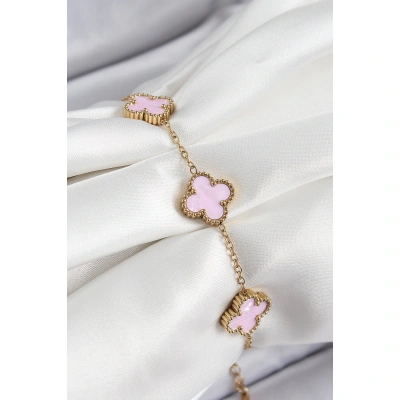 316L Çelik Pembe Sedef Yonca Model Gold Renk Kadın Bileklik - Lisinya