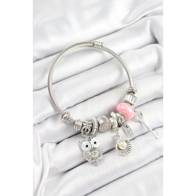 316L Çelik Pembe Zirkon Taşlı Baykuş İstiridye Ve Anahtar Model Gümüş Renk Charm Bileklik - Lisinya