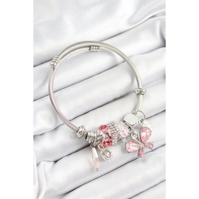 316L Çelik Pembe Zirkon Taşlı Kelebek Model Gümüş Renk Charm Bileklik - Lisinya