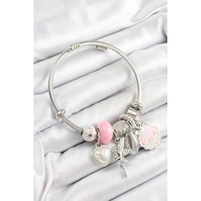 316L Çelik Pembe Zirkon Taşlı Yıldız Melek İstiridye Ve Kalp Model Gümüş Renk Charm Bileklik - Lisinya