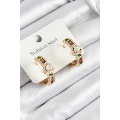 316L Çelik Renkli Zirkon Taşlı Kalpli Baget Halka Model Gold Renk Kadın Küpe - Lisinya