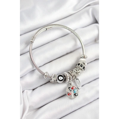 316L Çelik Siyah Nazarlı Zirkon Taşlı İnci Detaylı Hayat Ağacı Model Gümüş Renk Charm Bileklik - Lisinya