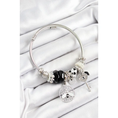 316L Çelik Siyah Zirkon Taşlı Baykuş Arı Ve Anahtar Model Gümüş Renk Charm Bileklik - Lisinya