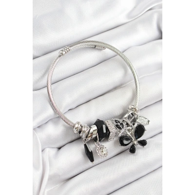 316L Çelik Siyah Zirkon Taşlı Yıldız Kelebek Model Gümüş Renk Charm Bileklik - Lisinya