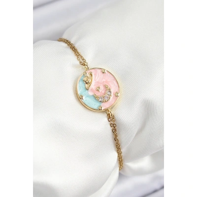 316L Çelik Zincir Mineli Sanatsal Portre Zirkon Taşlı Gezegen Model Gold Renk Kadın Bileklik - Lisinya