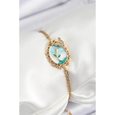 316L Çelik Zincir Mineli Sanatsal Portre Zirkon Taşlı Kelebek Detaylı Çiçek Model Gold Renk Kadın Bileklik - Lisinya