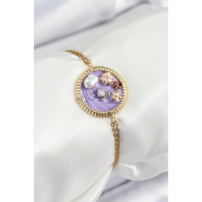 316L Çelik Zincir Mor Mineli Sanatsal Portre İnci Detaylı Çiçek Model Gold Renk Kadın Bileklik - Lisinya