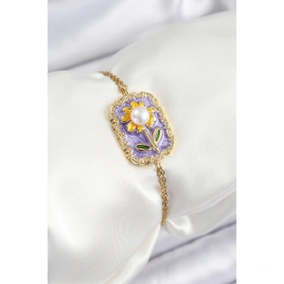 316L Çelik Zincir Mor Mineli Sanatsal Portre İnci Detaylı Papatya Model Gold Renk Kadın Bileklik - Lisinya
