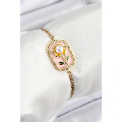 316L Çelik Zincir Pembe Mineli Sanatsal Portre İnci Detaylı Papatya Model Gold Renk Kadın Bileklik - Lisinya