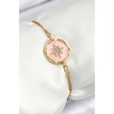 316L Çelik Zincir Pembe Mineli Sanatsal Portre Kuzey Yıldızı Model Gold Renk Kadın Bileklik - Lisinya