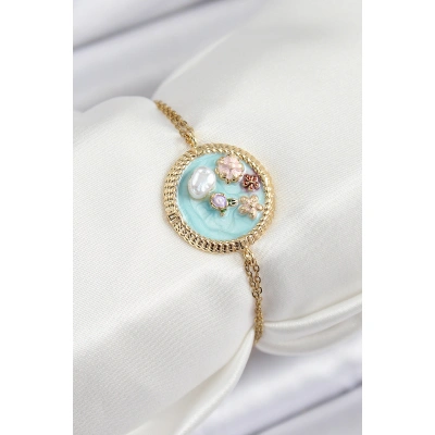 316L Çelik Zincir Turkuaz Mineli Sanatsal Portre İnci Detaylı Çiçek Model Gold Renk Kadın Bileklik - Lisinya