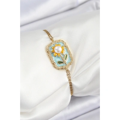 316L Çelik Zincir Turkuaz Mineli Sanatsal Portre İnci Detaylı Papatya Model Gold Renk Kadın Bileklik - Lisinya