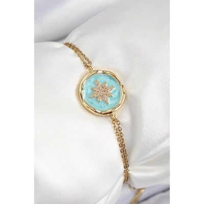 316L Çelik Zincir Turkuaz Mineli Sanatsal Portre Kuzey Yıldızı Model Gold Renk Kadın Bileklik - Lisinya