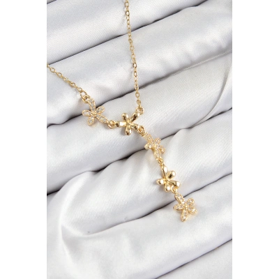 316L Çelik Zirkon Taşlı Çiçek Model Gold Renk Kadın Kolye - Lisinya