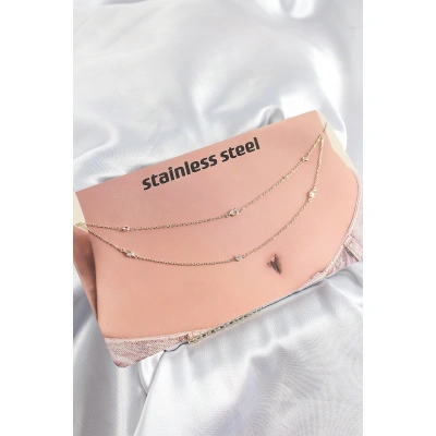 316L Çelik Zirkon Taşlı Damla Model Gold Renk Göbek Bel Zinciri - Lisinya