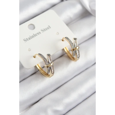 316L Çelik Zirkon Taşlı Düğüm Halka Model Gold Ve Gümüş Renk Kadın Küpe - Lisinya