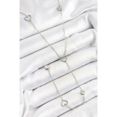 316L Çelik Zirkon Taşlı Kalp Figürlü Y Model Gümüş Renk Kadın Kolye - Lisinya