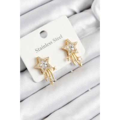 316L Çelik Zirkon Taşlı Kayan Yıldız Model Gold Renk Kadın Küpe - Lisinya