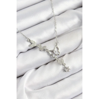 316L Çelik Zirkon Taşlı Kelebek Model Gümüş Renk Kadın Kolye - Lisinya