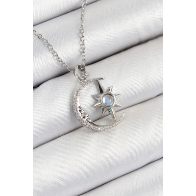 316L Çelik Zirkon Taşlı Kutup Yıldızlı Hilal Model Gümüş Renk Kadın Kolye - Lisinya