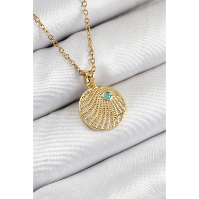 316L Çelik Zirkon Taşlı Madalyon Model Gold Renk Kadın Kolye - Lisinya