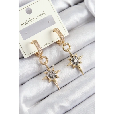 316L Çelik Zirkon Taşlı Sallantılı Kutup Yıldızı Model Gold Ve Gümüş Renk Kadın Küpe - Lisinya