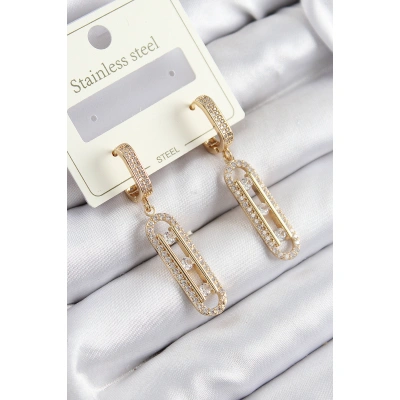 316L Çelik Zirkon Taşlı Sallantılı Messika Model Gold Renk Kadın Küpe - Lisinya