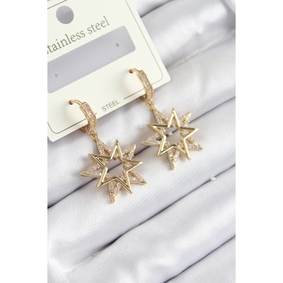 316L Çelik Zirkon Taşlı Sallantılı Yıldız Model Gold Renk Kadın Küpe - Lisinya