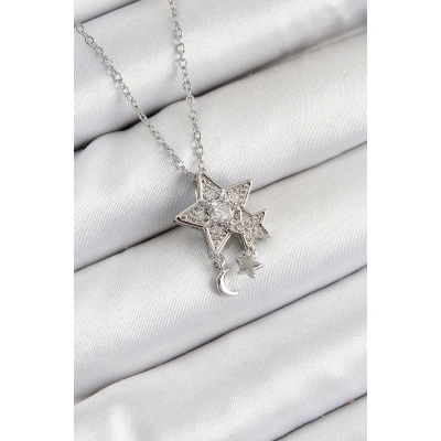 316L Çelik Zirkon Taşlı Sallantılı Yıldız Model Gümüş Renk Kadın Kolye - Lisinya