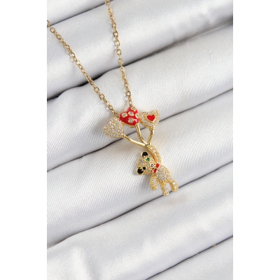 316L Çelik Zirkon Taşlı Uçan Balonlu Ayıcık Model Gold Renk Kadın Kolye - Lisinya