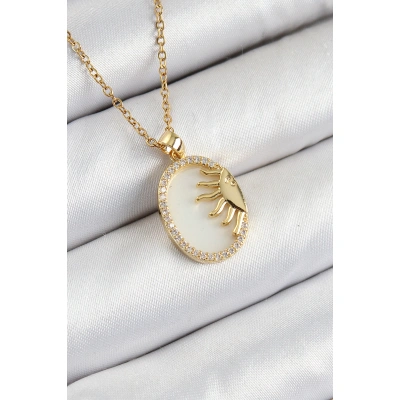 316L Çelik Zirkon Taşlı Yarım Güneş Model Gold Renk Kadın Kolye - Lisinya