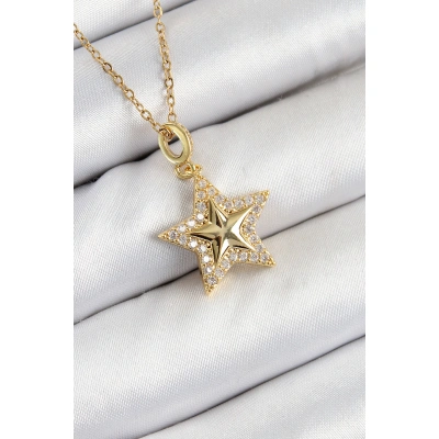 316L Çelik Zirkon Taşlı Yıldız Model Gold Renk Kadın Kolye - Lisinya
