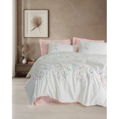 3D Nakışlı Çift Kişilik Saten Nev Takımı Liva Pudra