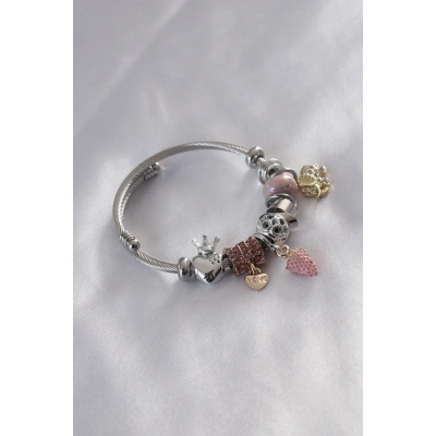 Çelik Charm Model Pembe Çilek Figür Kalp Detay Zirkon Taşlı Kadın Bileklik - Lisinya