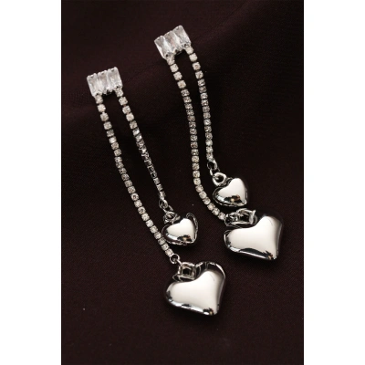 Çelik Gümüş Renk Taşlı Bombeli Kalp Tasarımlı Uzun Küpe - Lisinya