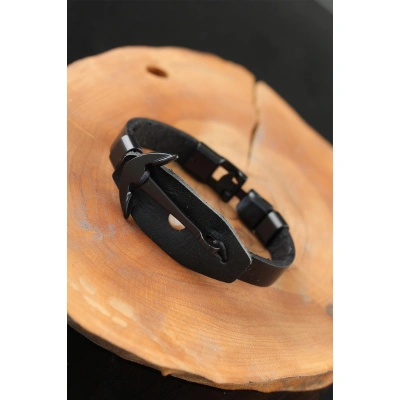 Deniz Çapalı Metal Aksesuarlı Siyah Deri Erkek Bileklik - Lisinya