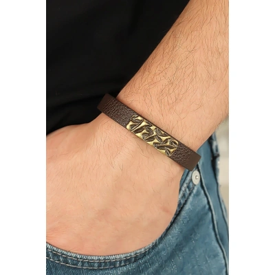 Eskitme Metal Şık Aksesuarlı Kahverengi Deri Erkek Bileklik - Lisinya
