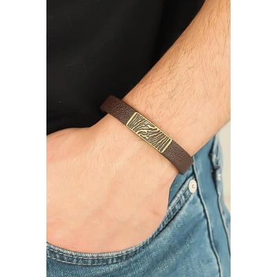 Eskitme Metal Zebra Aksesuarlı Kahverengi Deri Erkek Bileklik - Lisinya