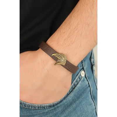 Eskitme Renk Metal Kartal Aksesuarlı Kahverengi Deri Erkek Bileklik - Lisinya