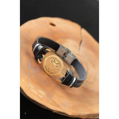 Gold Renk Baykuşlu Metal Aksesuarlı Siyah Renk Deri Erkek Bileklik - Lisinya