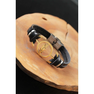 Gold Renk Yapraklı Metal Aksesuarlı Siyah Deri Erkek Bileklik - Lisinya
