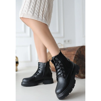 Harte Siyah Cilt Bağcıklı Bot - Lisinya