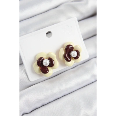 İnci Detaylı Krem Kahverengi Renk Papatya Model Kadın Küpe - Lisinya