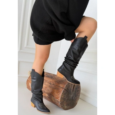 Jeoni Siyah Cilt Topuklu Çizme - Lisinya