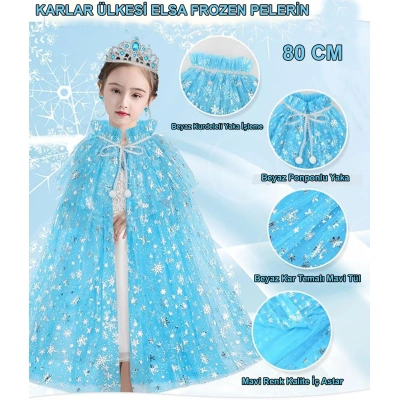 Karlar Ülkesi Elsa Frozen Mavi Pelerin – 80 cm Kar Desenli Çocuk Pelerini ( Taç Hariç )