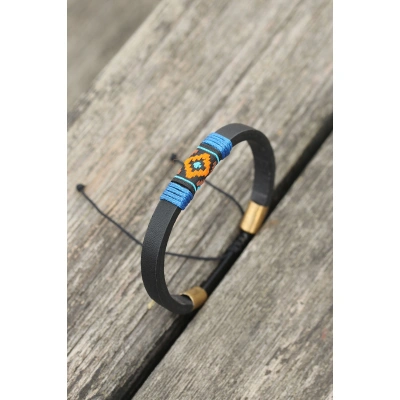 Mavi İpli Etnik Desenli Kadın Deri Bileklik - Lisinya